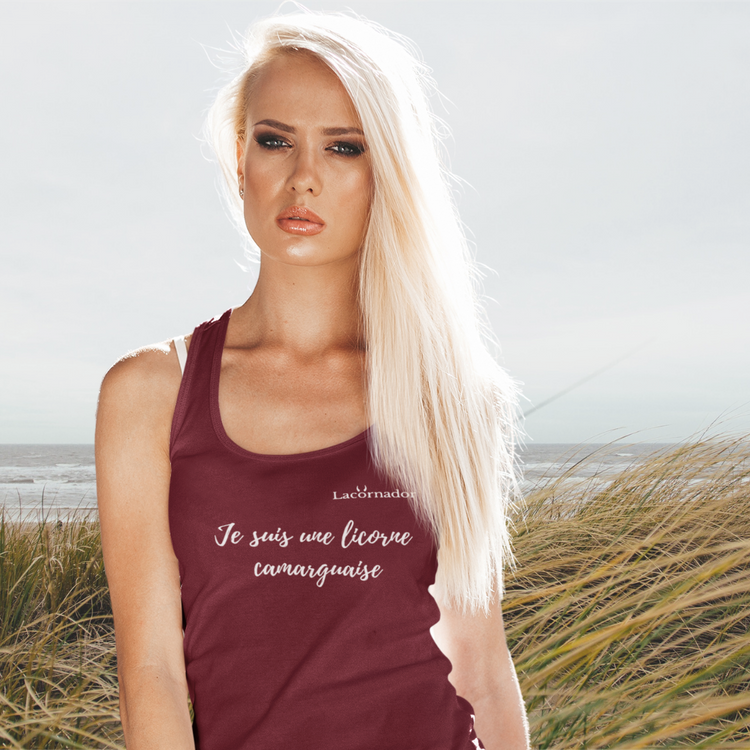 DEBARDEUR FEMME COTON BIO "Je suis une licorne camarguaise"