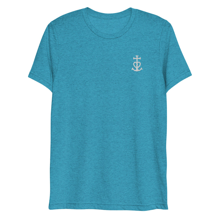 Tee-shirt bleu turquoise chiné Lacornador® brodé Croix Camarguaise