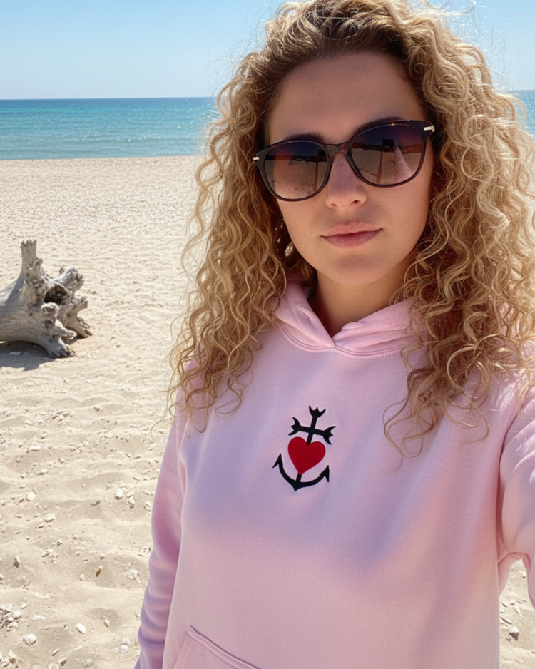 Sweat à capuche Rose Pâle brodé Croix de Camargue