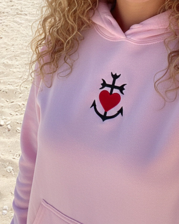 Sweat à capuche Rose Pâle brodé Croix de Camargue